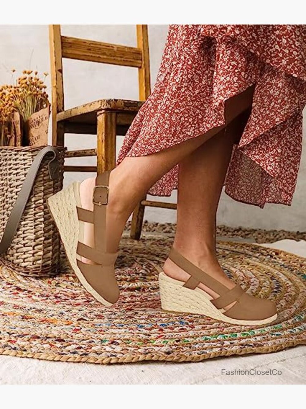 Manmade Leather Wedges Espadrilles Slingback Closed-toe Sandals - Picture 3 of 7